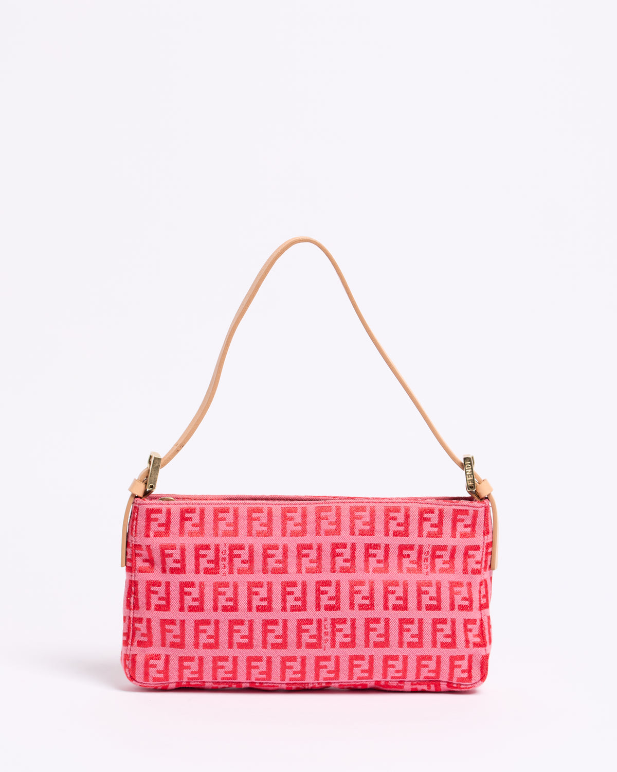 Pink Fendi handbag with Fendi brand monogram on a white background