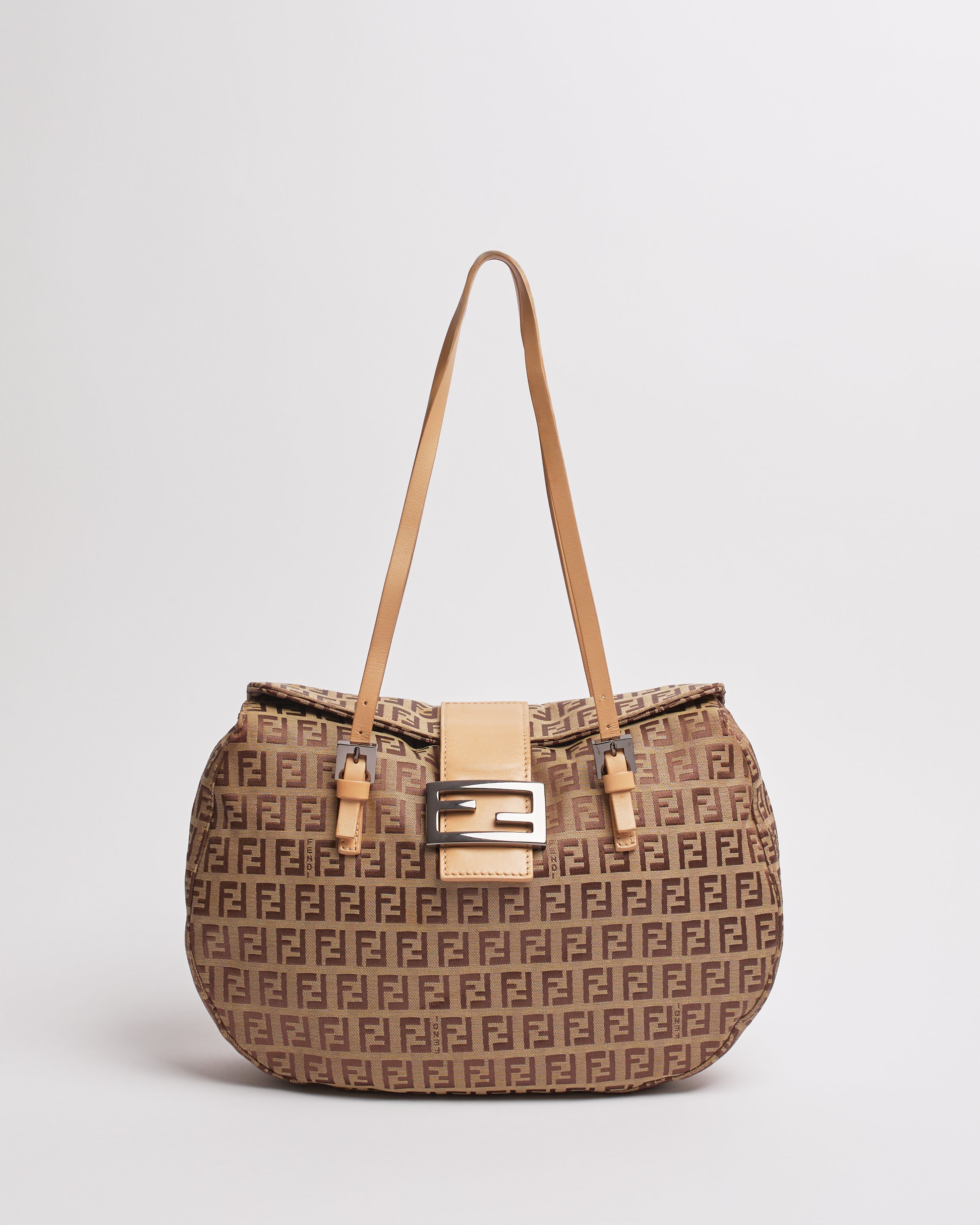 FENDI ZUCCHINO 2000'S LIGHT BROWN CANVAS AND LEATHER SHOULDER BAG