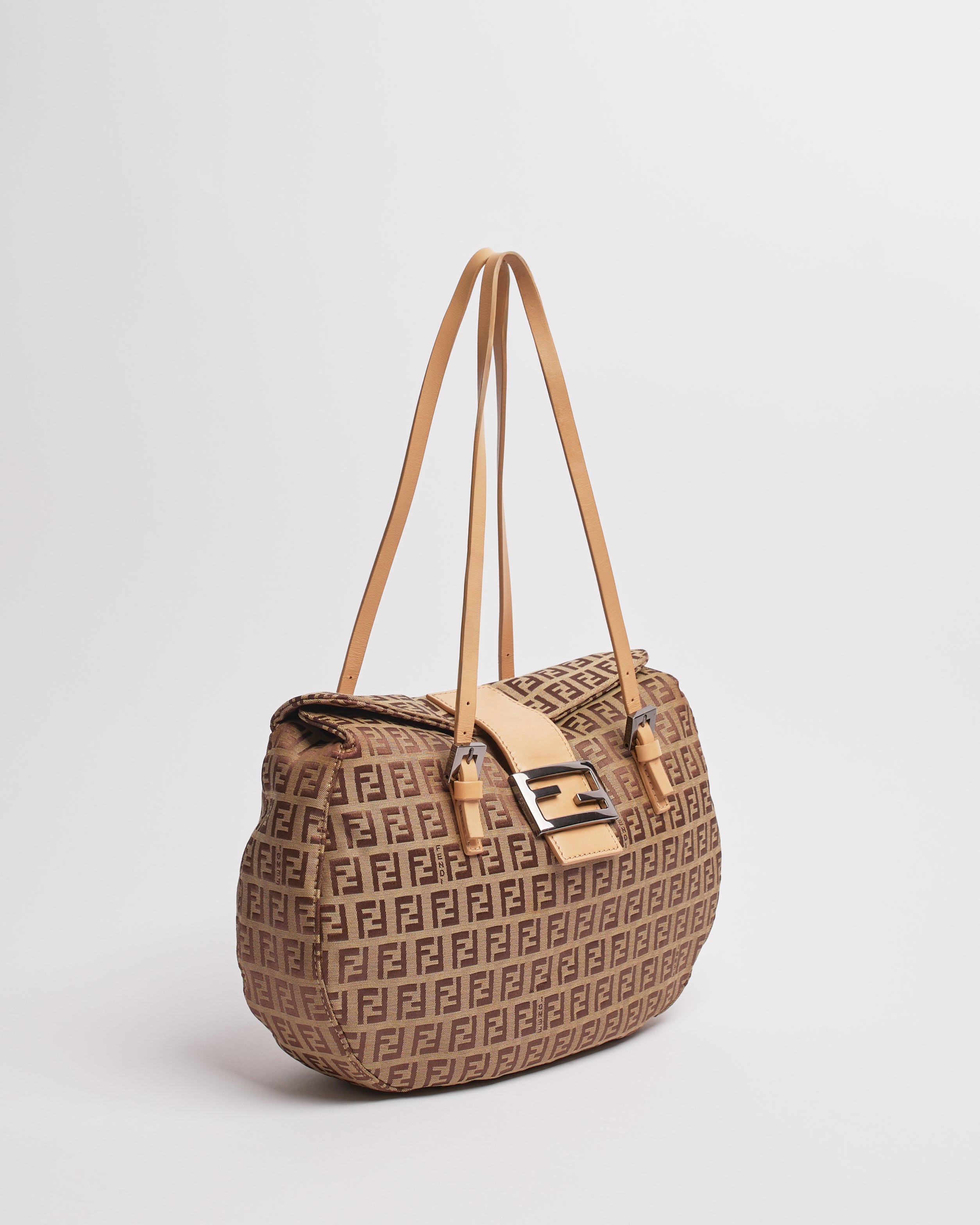 FENDI ZUCCHINO 2000'S LIGHT BROWN CANVAS AND LEATHER SHOULDER BAG