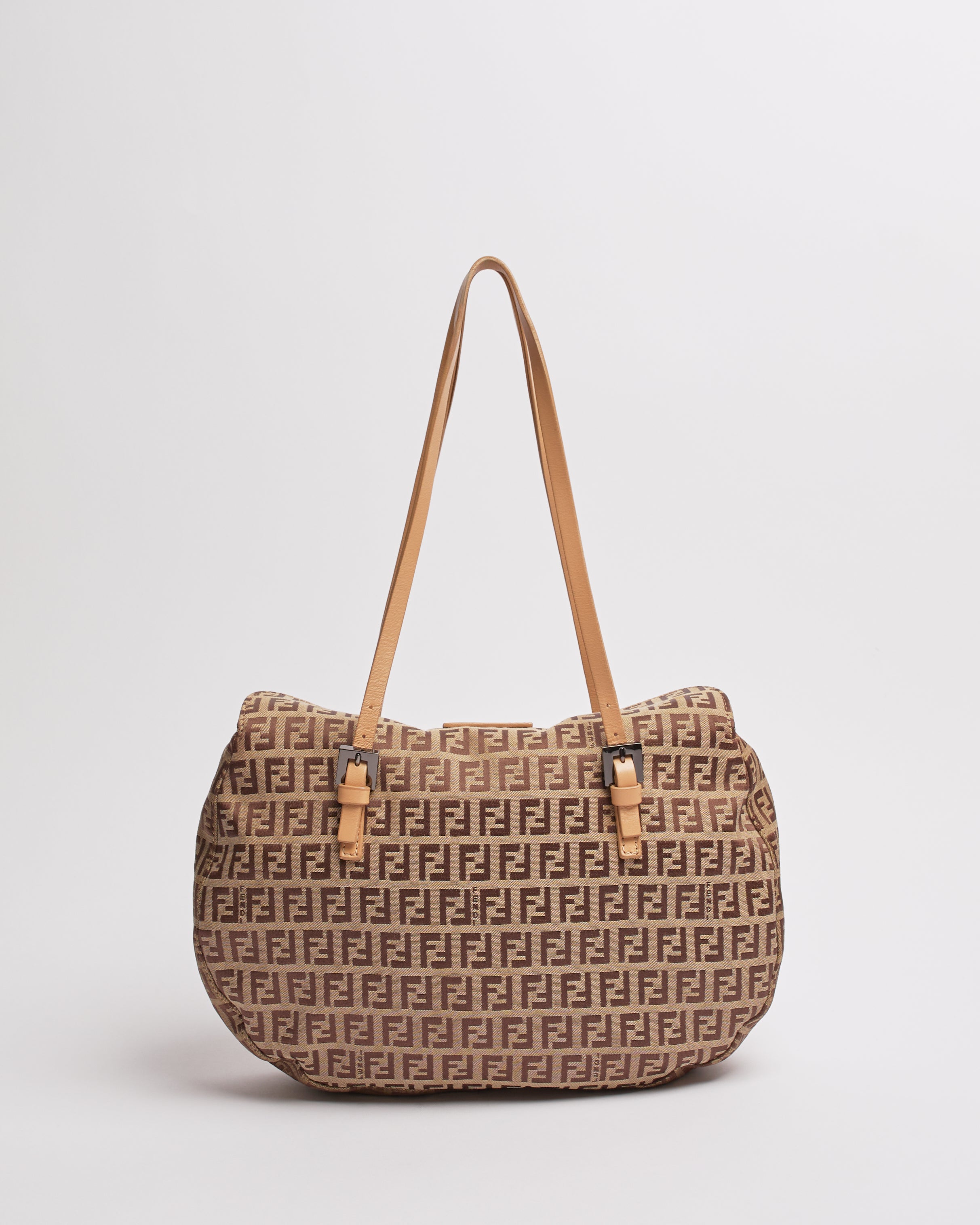 FENDI ZUCCHINO 2000'S LIGHT BROWN CANVAS AND LEATHER SHOULDER BAG