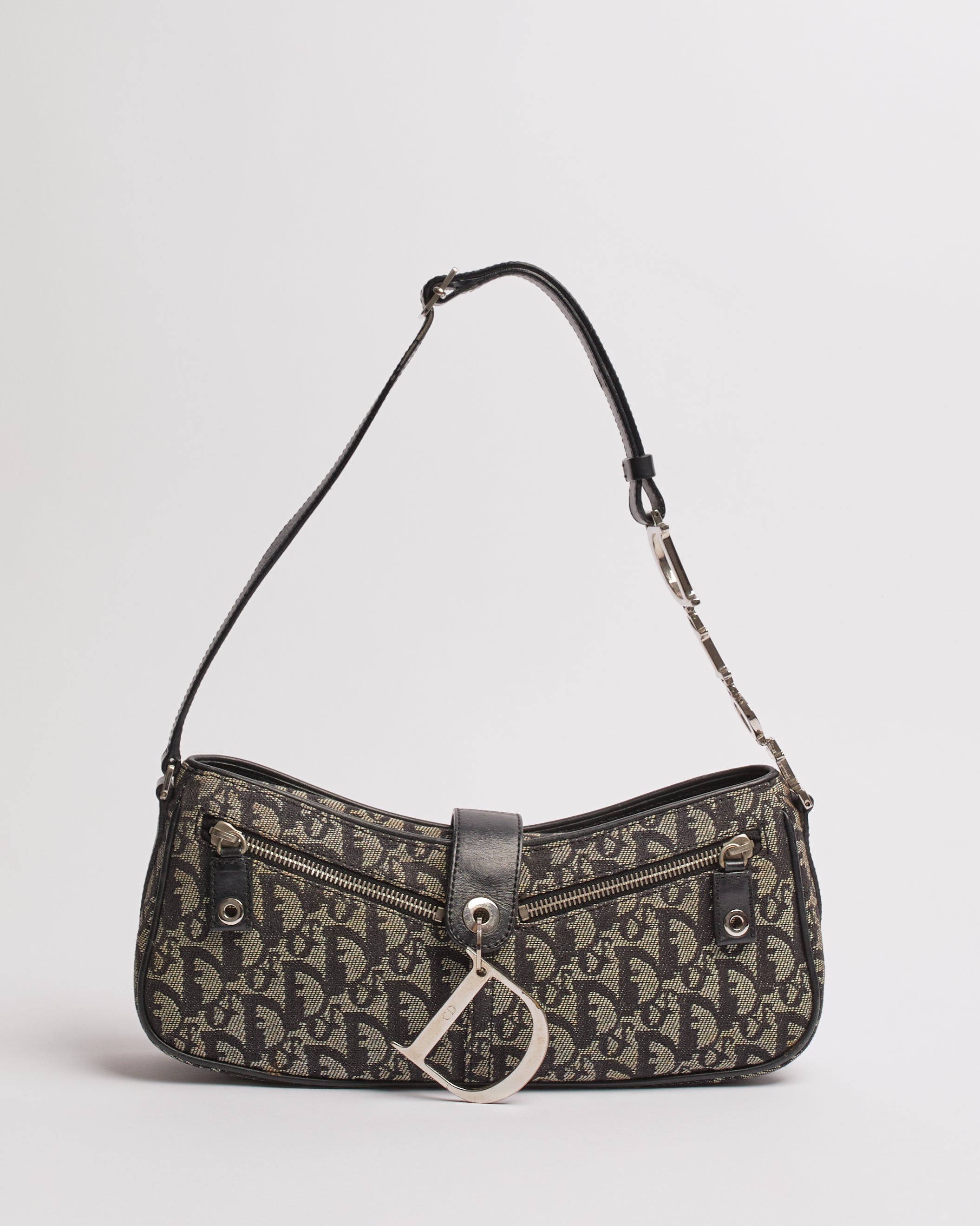 CHRISTIAN DIOR DIORISSIMO NAVY CANVAS AND LEATHER POCHETTE BAG