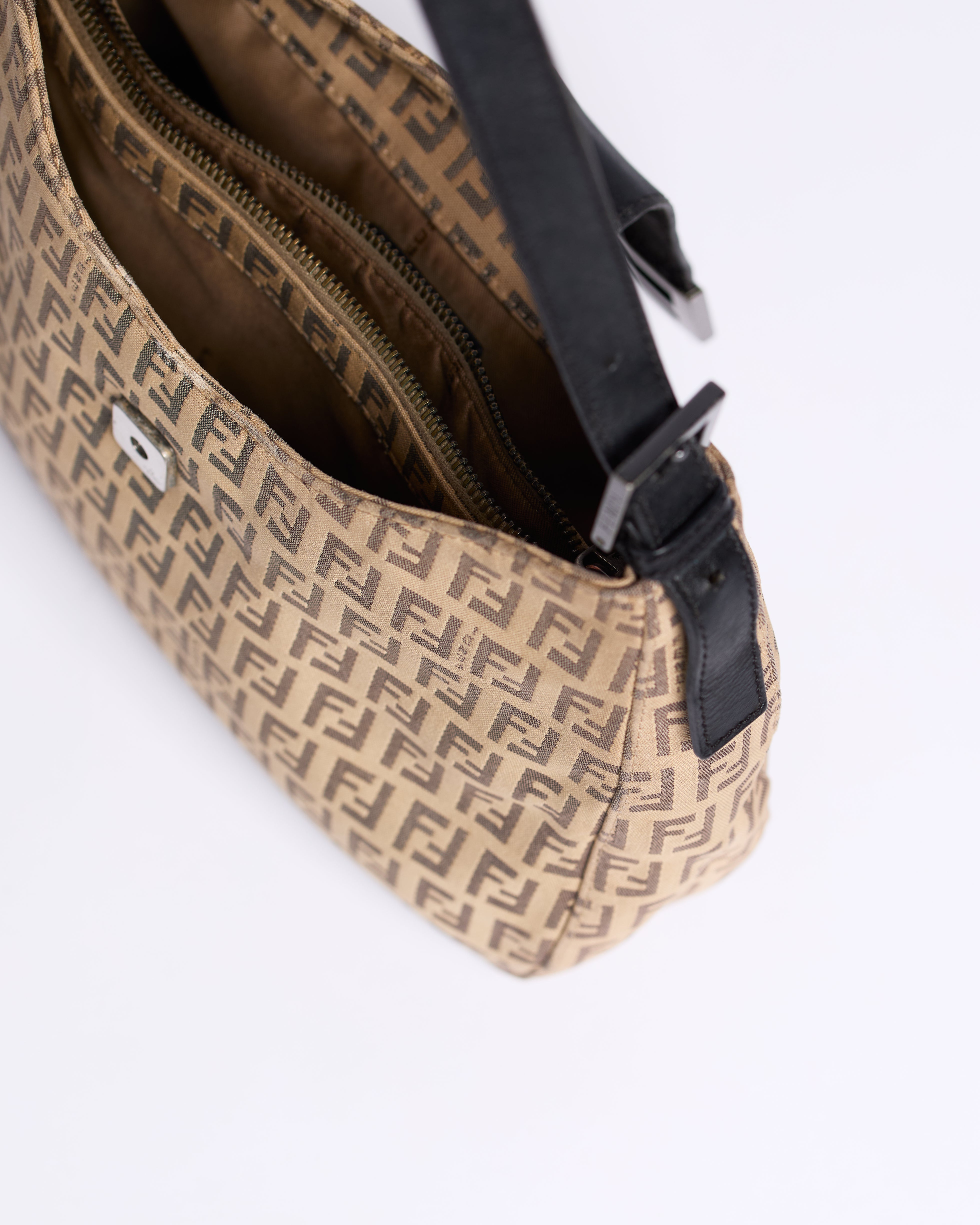FENDI ZUCCHINO CANVAS AND LEATHER DUAL POCKET BAGUETTE BAG