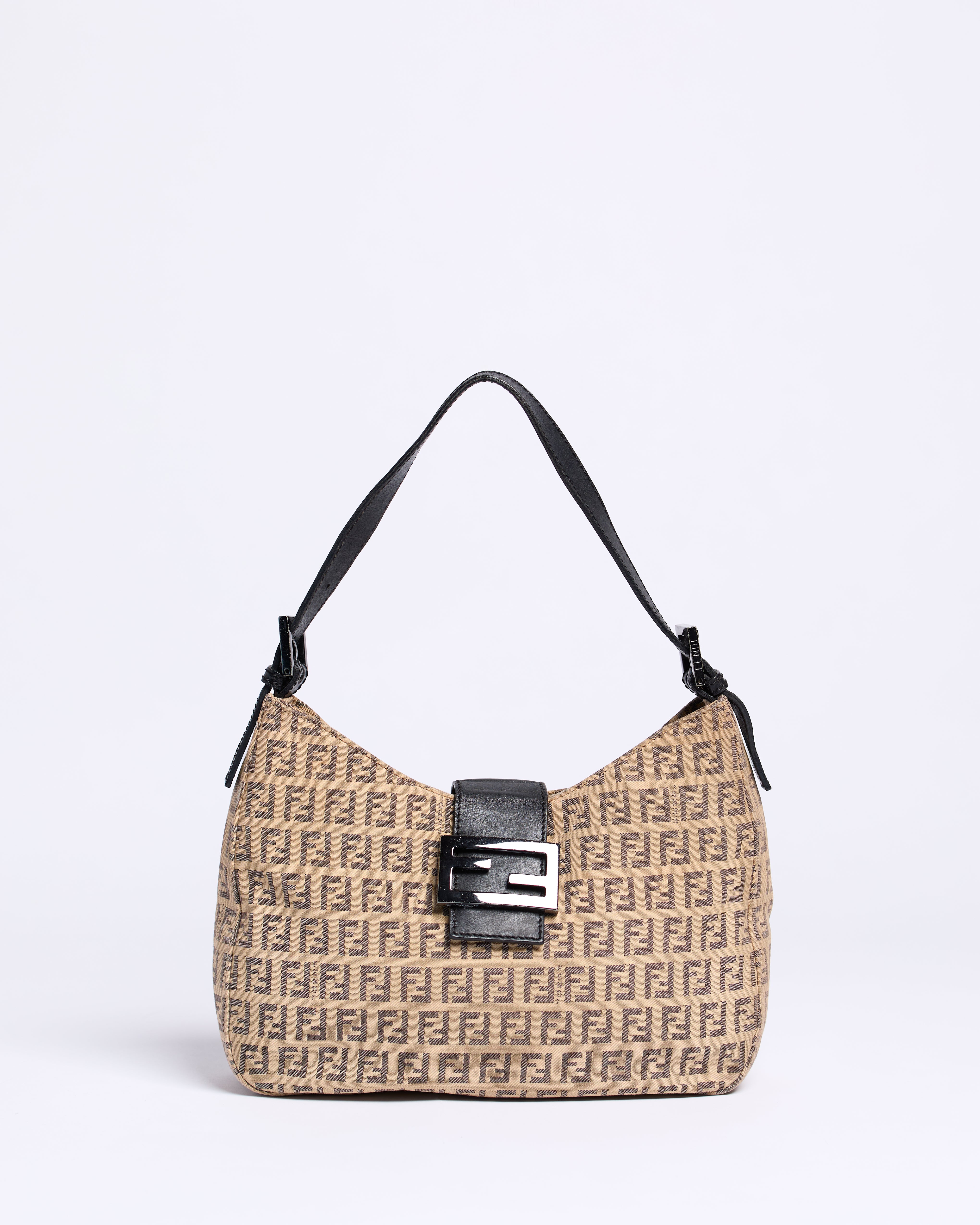 FENDI ZUCCHINO CANVAS AND LEATHER DUAL POCKET BAGUETTE BAG