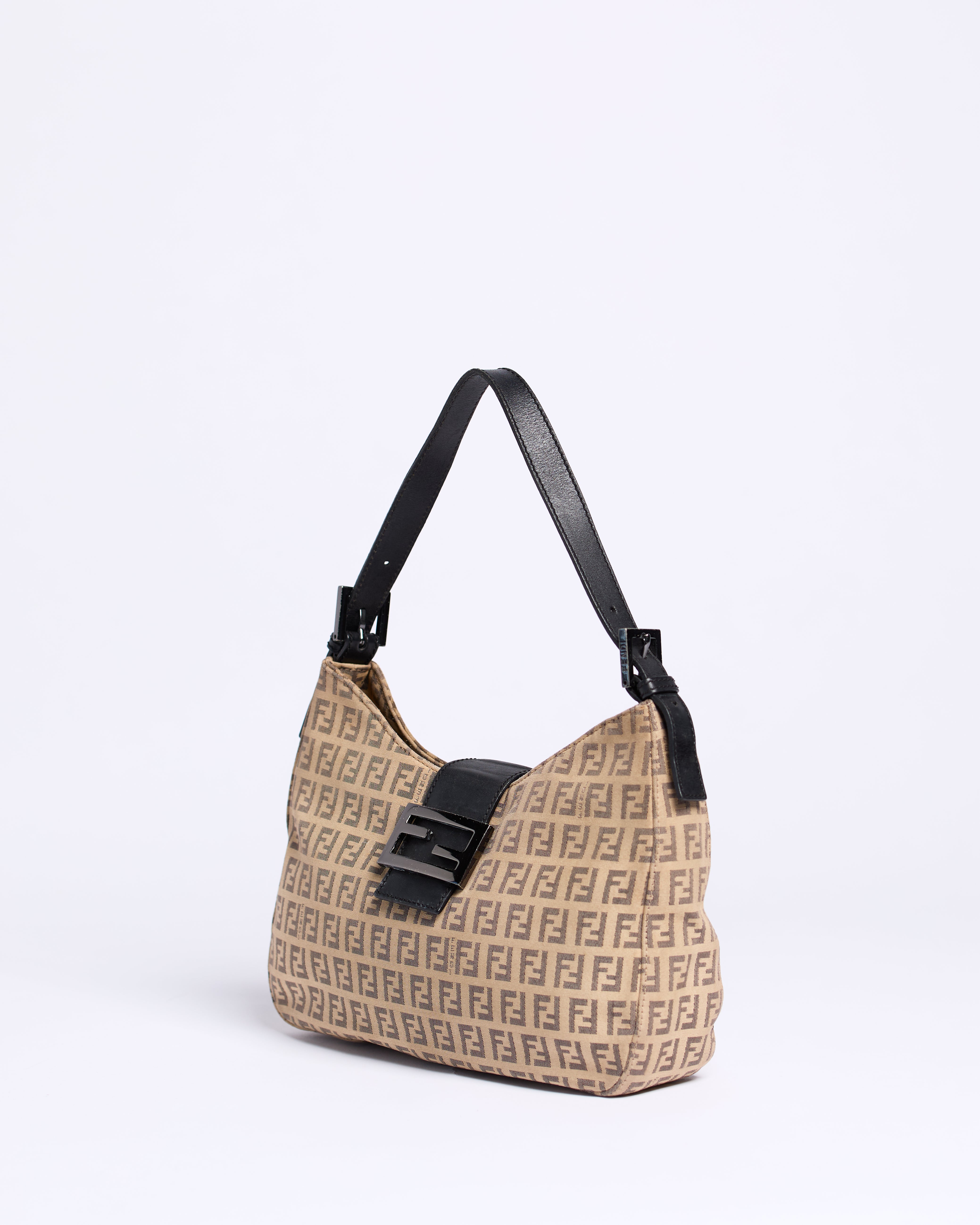 FENDI ZUCCHINO CANVAS AND LEATHER DUAL POCKET BAGUETTE BAG