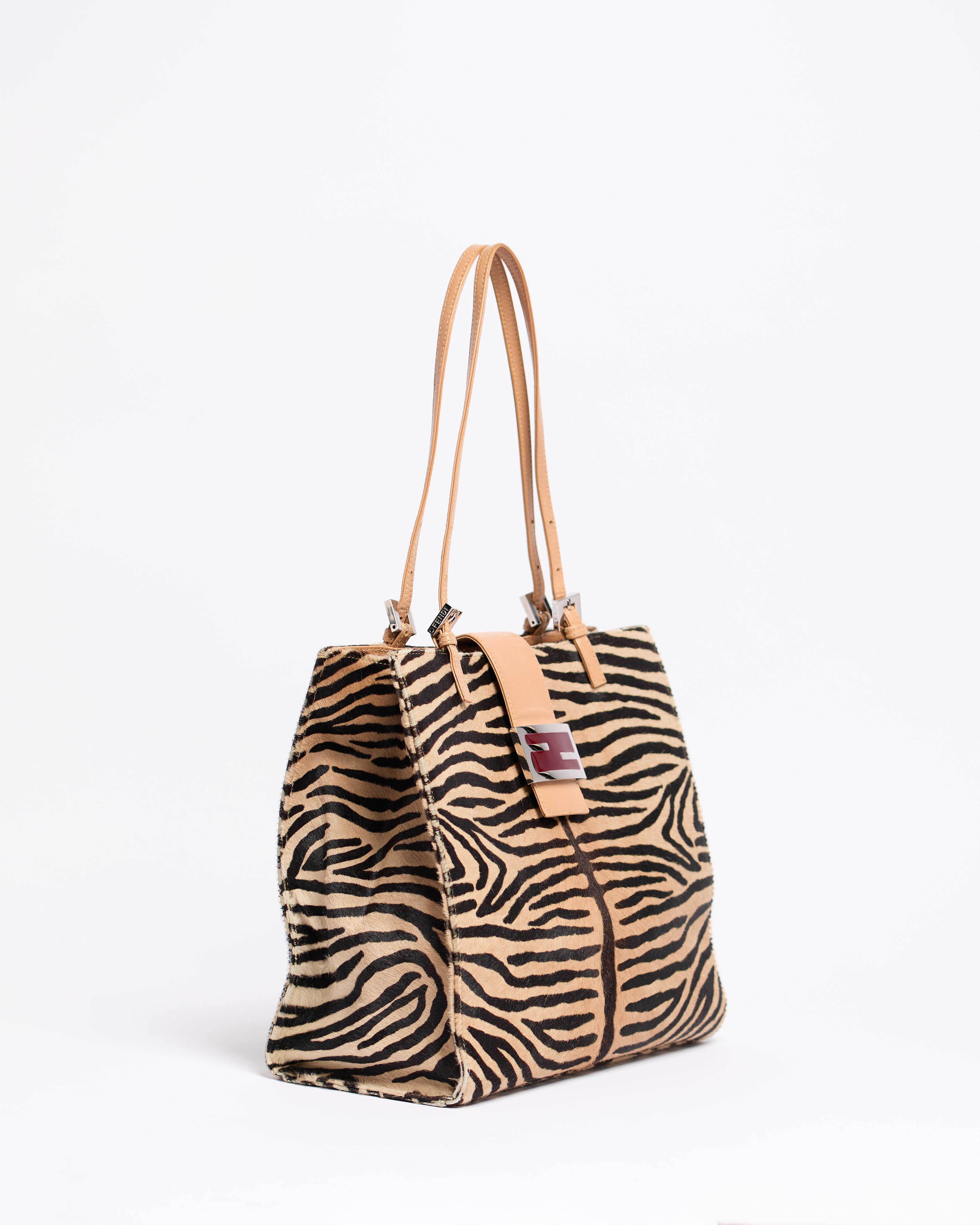 FENDI CALFSKIN TIGER SHOULDER TOTE BAG