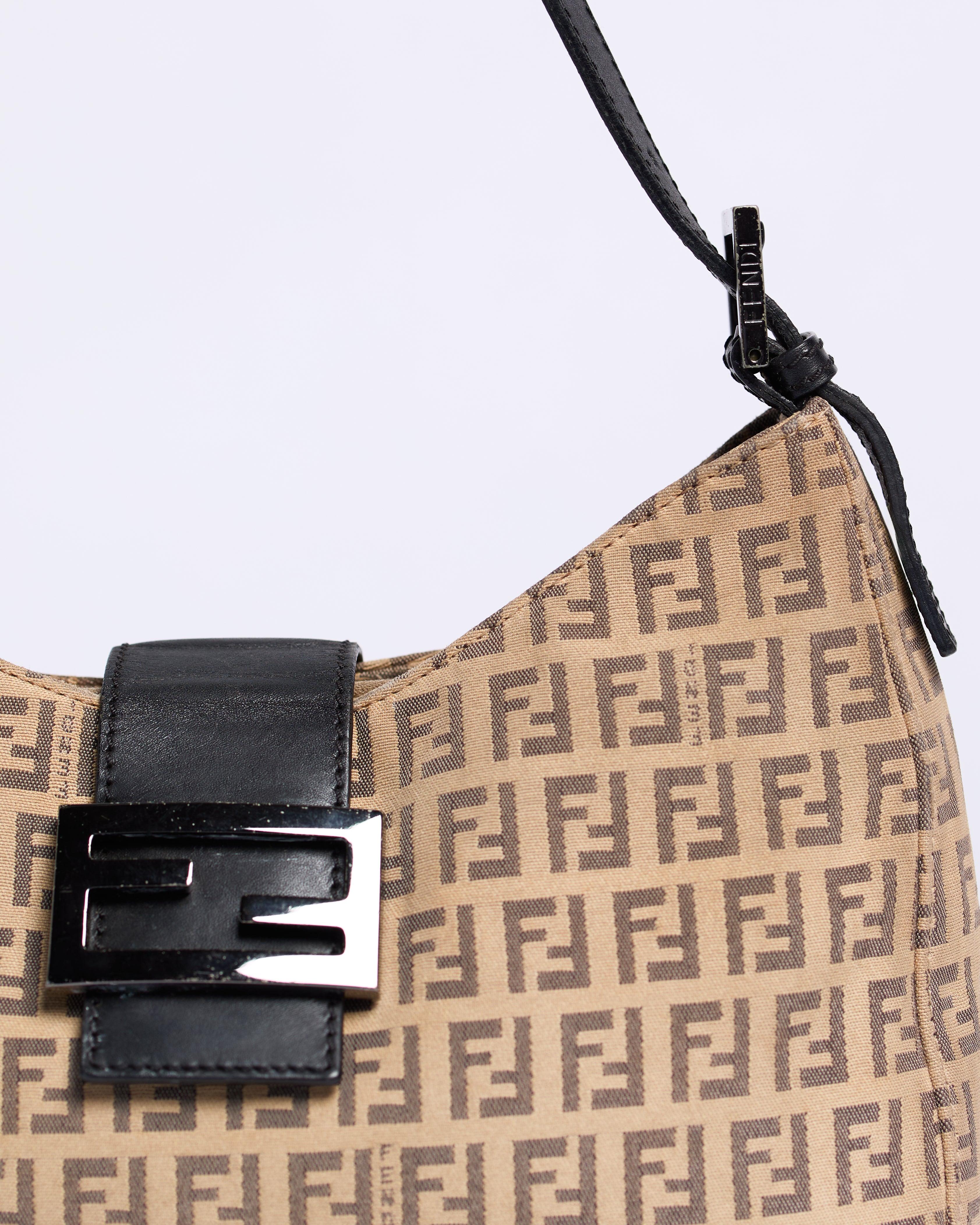 FENDI ZUCCHINO CANVAS AND LEATHER DUAL POCKET BAGUETTE BAG
