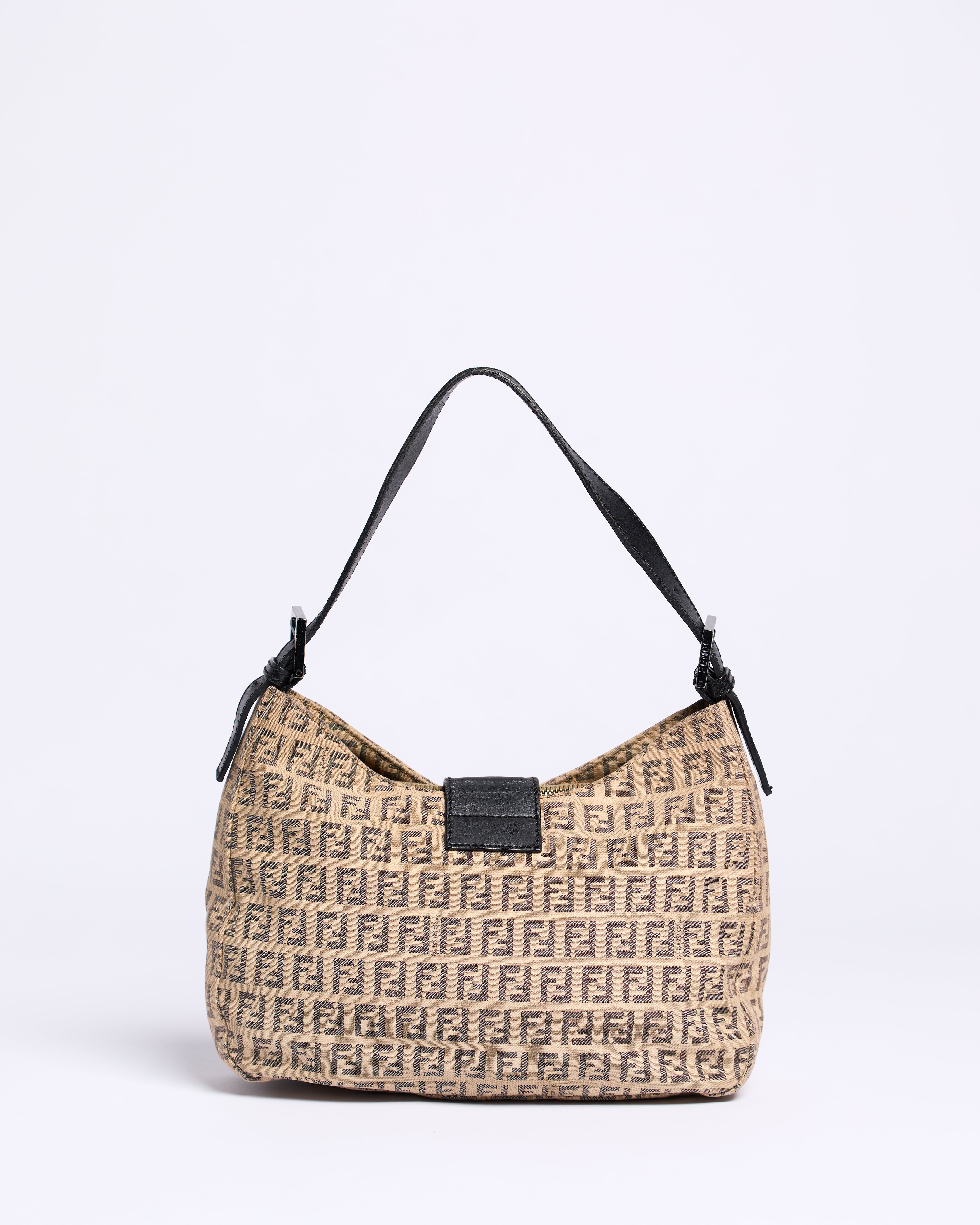 FENDI ZUCCHINO CANVAS AND LEATHER DUAL POCKET BAGUETTE BAG